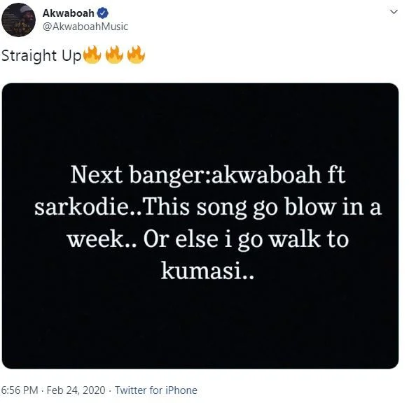 aka I am optimistic my new song with Sarkodie will blow lest I walk to Kumasi – Akwaboah Jnr