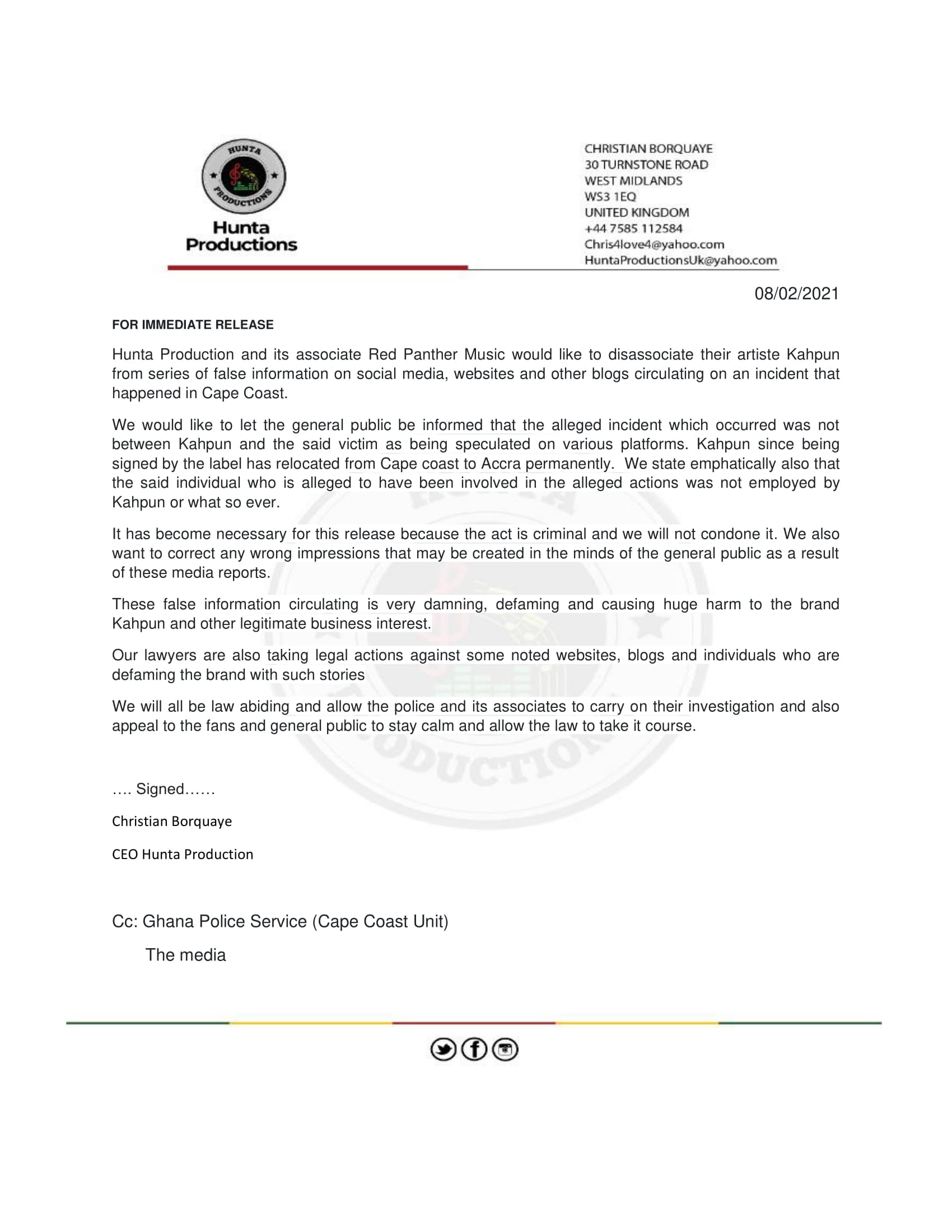 press-release-1-1 Hunta Production Disassociates Kaphun From The Murder Of Unruly Grank ; Threatens Legal Action
